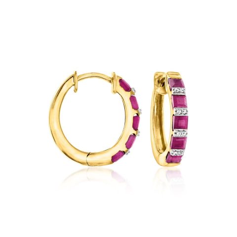 Ross-Simons Ruby Hoop Earrings With Diamond Accents in 18kt Gold Over Sterling 7832755535932