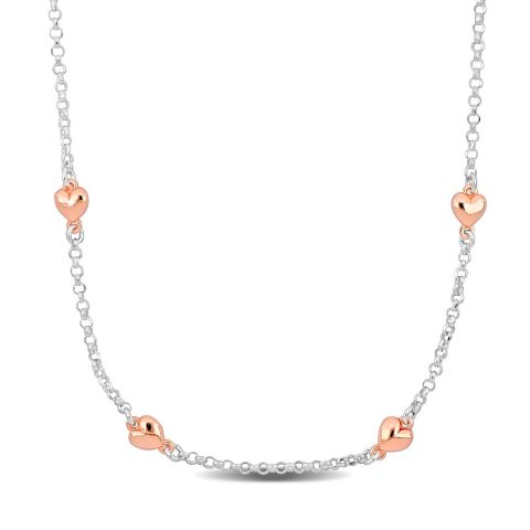 Mimi & Max Four Heart Charm Station Necklace in Two-Tone Rose and White Sterling Silver-16.5+1 in