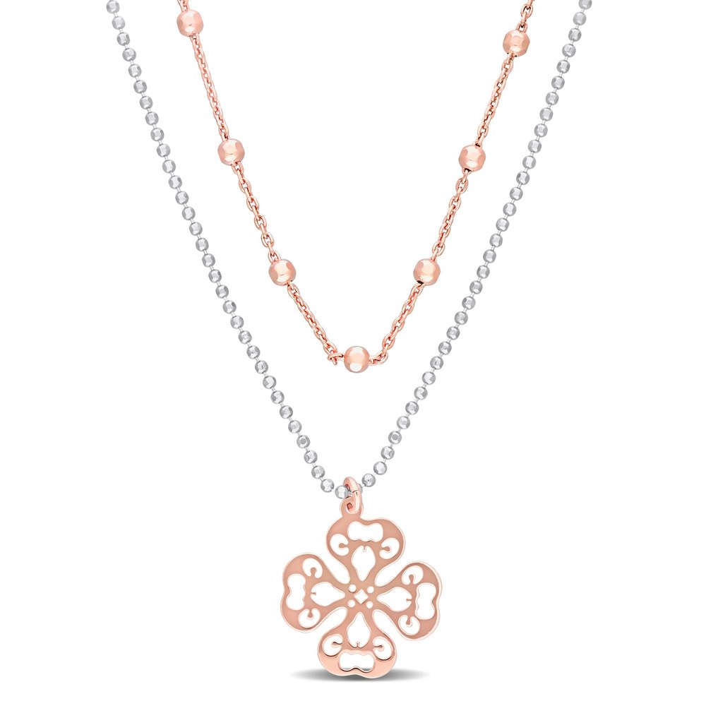 Mimi & Max Two-Tone 2-Strand Ball Bead Chain Necklace in Rose Plated Sterling Silver – 19 in