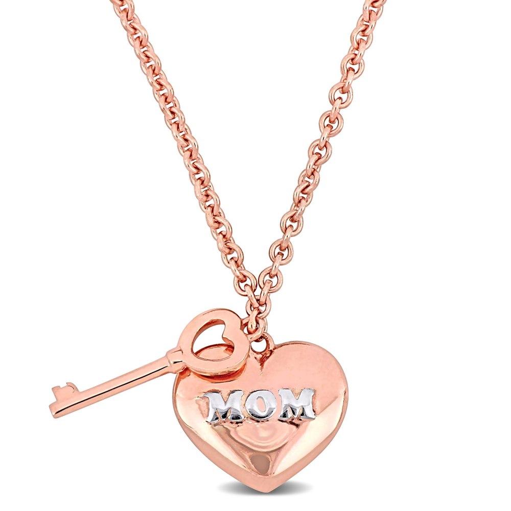 Mimi & Max Heart and Key Charm Love Mom Necklace in Rose Silver – 16+2 in.