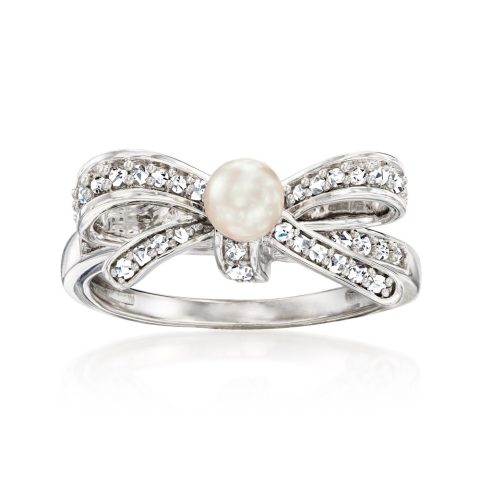 Ross-Simons 4-4.5mm Cultured Pearl and . Diamond Bow Ring in Sterling Silver 7832743116860