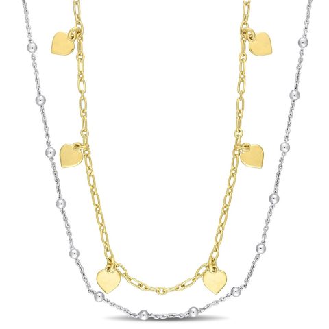 Mimi & Max Two-Tone Heart and Ball Bead Chain Necklace in Yellow Plated Sterling Silver – 19.5 in