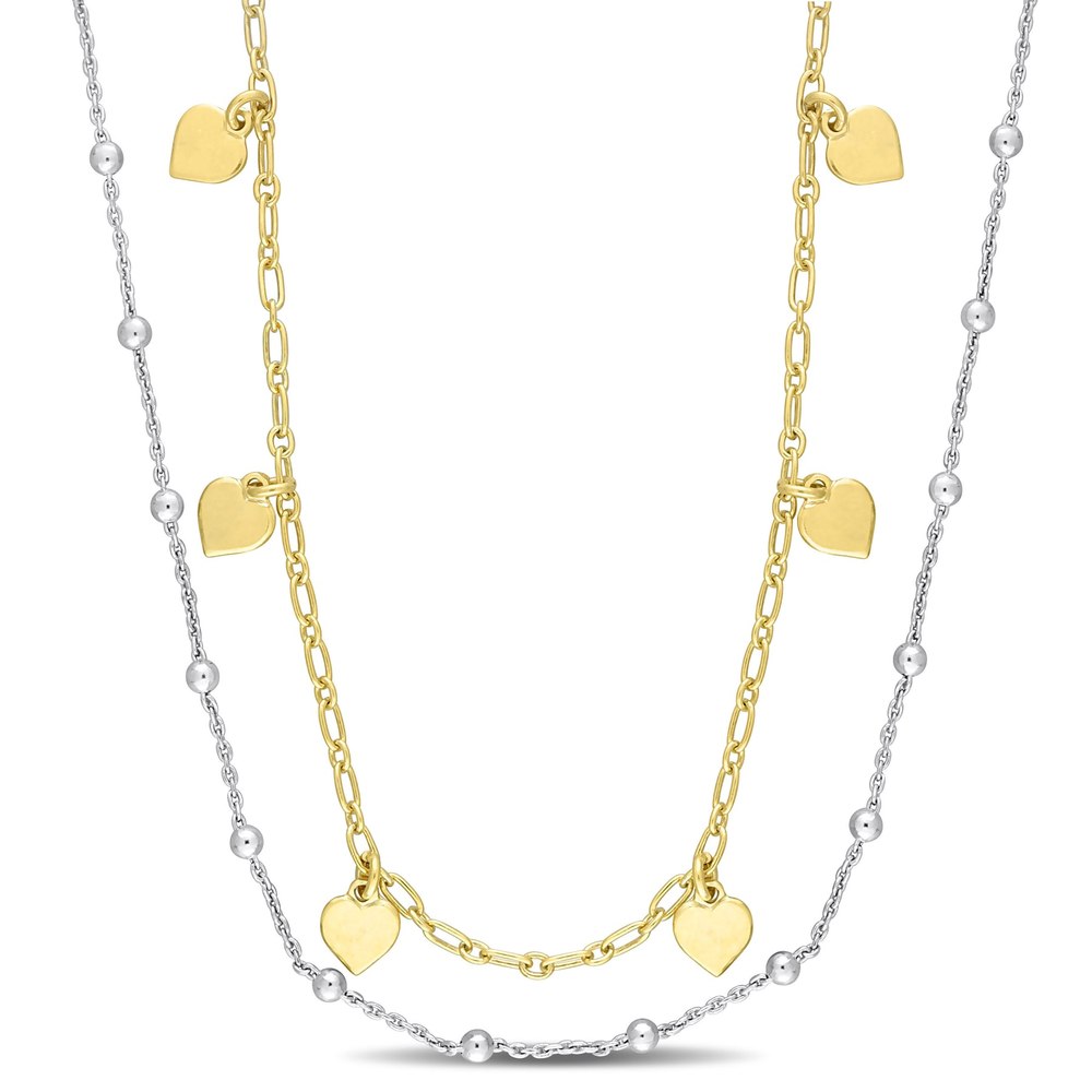 Mimi & Max Two-Tone Heart and Ball Bead Chain Necklace in Yellow Plated Sterling Silver – 19.5 in