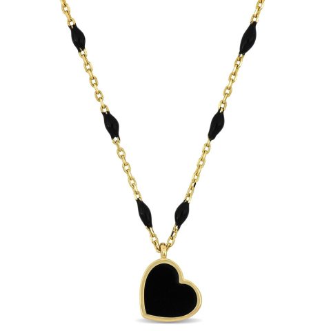 Mimi & Max Black Enamel Heart Station Necklace in 14K Yellow Gold – 16+2 in
