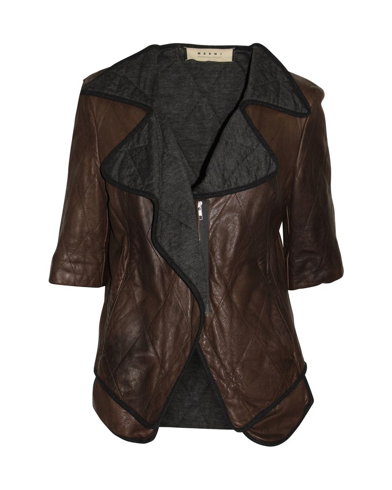 Marni Two-Tone Oversized Lapel Quilted Jacket in Brown Sheepskin Leather 7703683891260