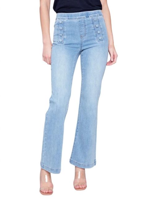 Flare Pants With Decorative Buttons In Light Blue 7803998765116
