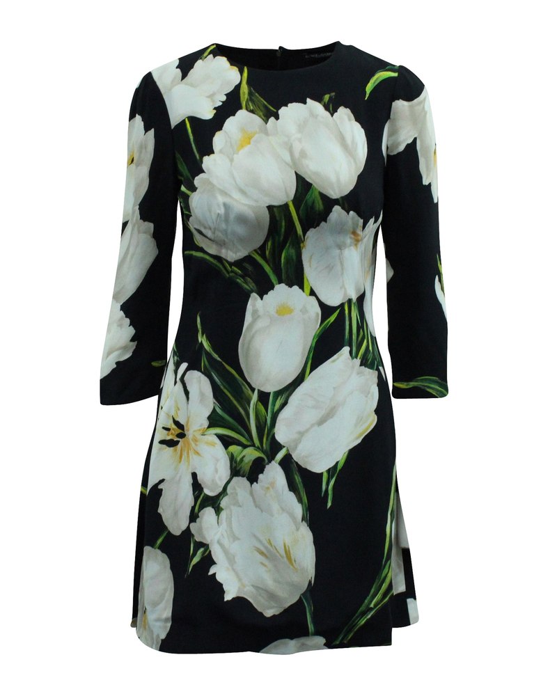 Dolce & Gabbana Tulip Print Shift Dress in Black Viscose 7703686774844