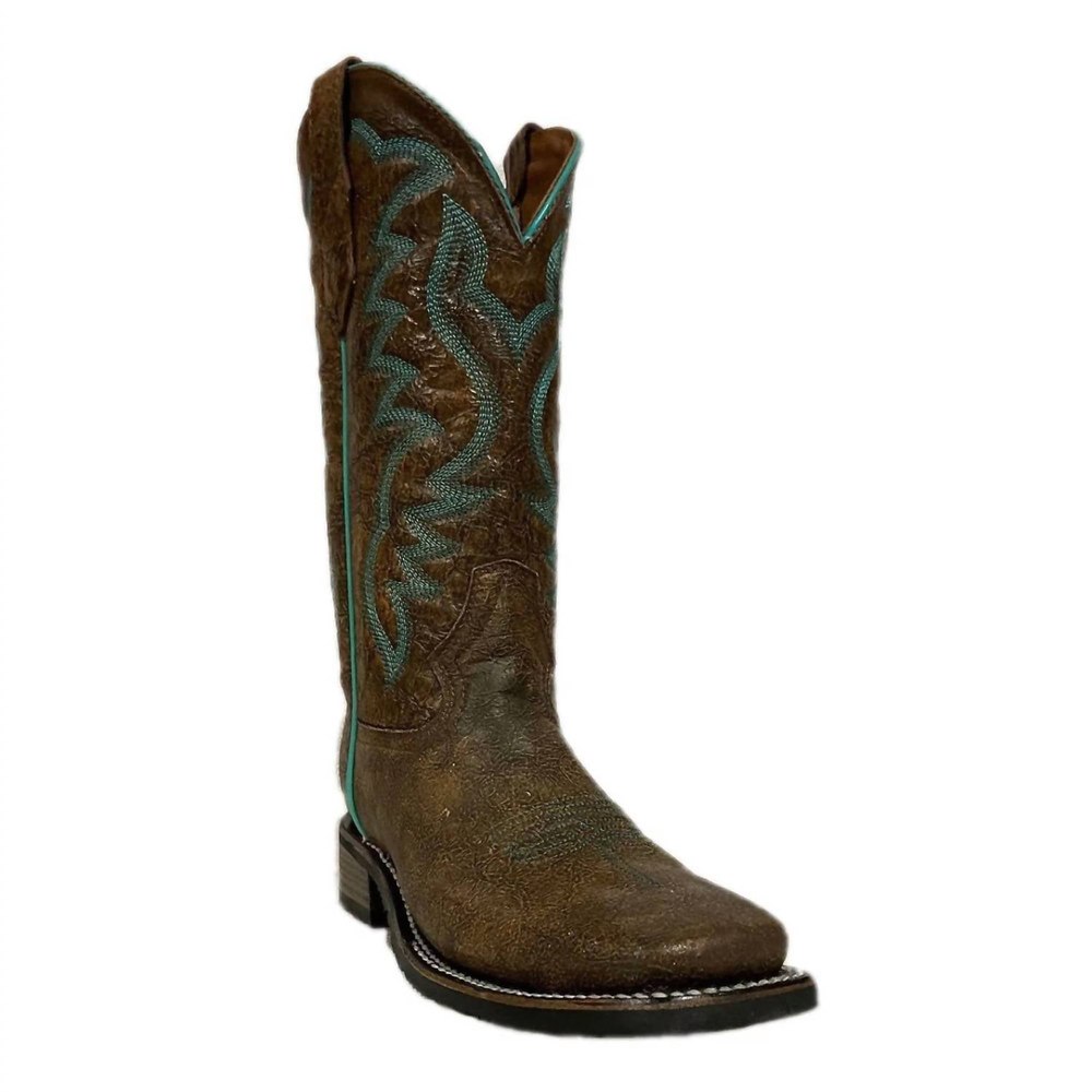 Women’s Peanut Embroidery Wide Square Toe Western Boots In Brown