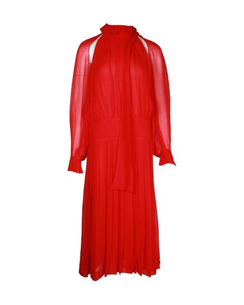 Victoria Beckham Sheer Sleeve Midi Dress in Red Silk 7703689330748