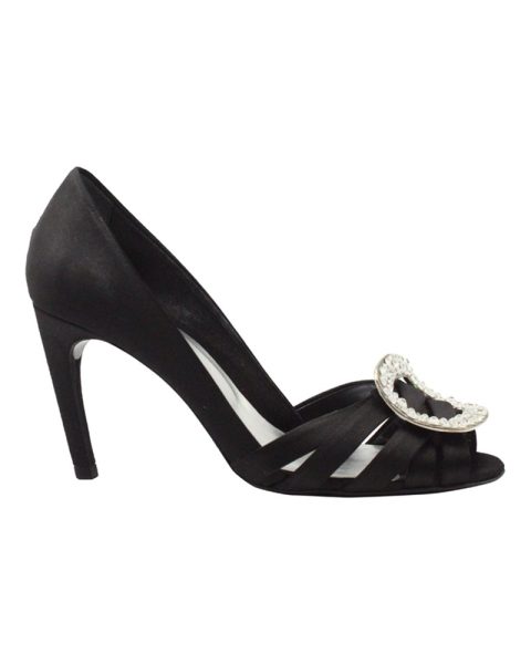 Roger Vivier Embellished Buckle Peep-Toe Pumps in Black Satin 7703689592892