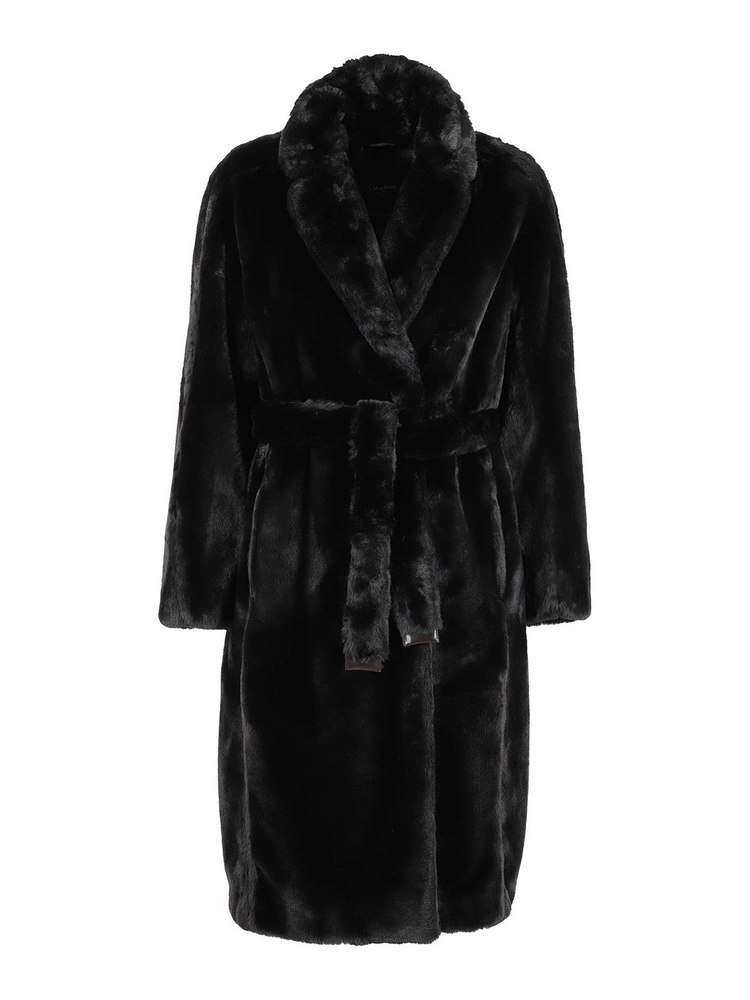 MAX MARA Women’s Adorato Faux Fur Black Long Coat