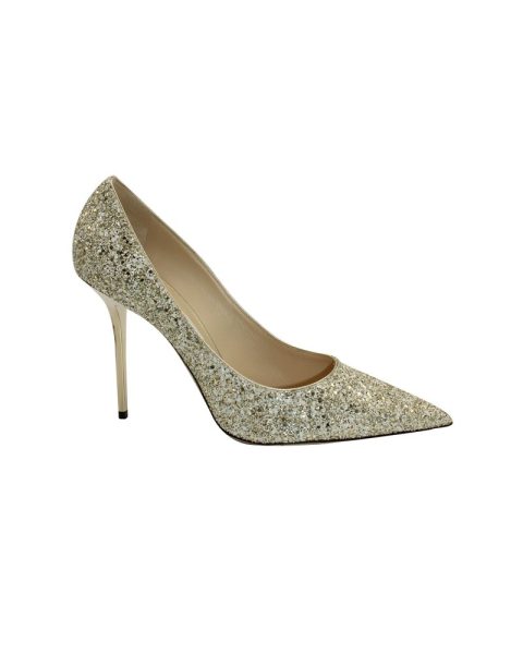 Jimmy Choo Love 100 Pumps in Gold Glitter Fabric and Leather 7703689789500
