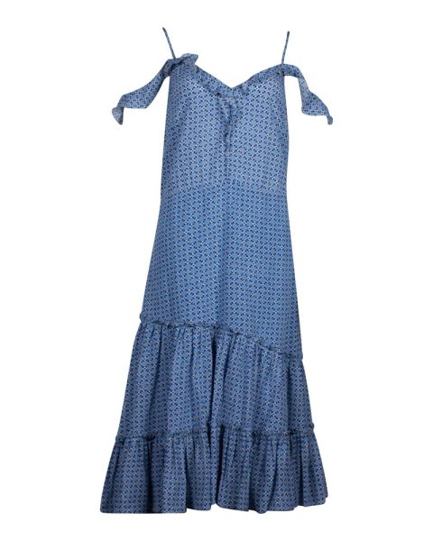 Altuzarra Off-The-Shoulder Ruffled Printed Dress in Blue Silk 7703690969148