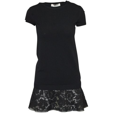 Valentino Fluted Laced Hem T-shirt Dress in Black Cotton 7703691362364