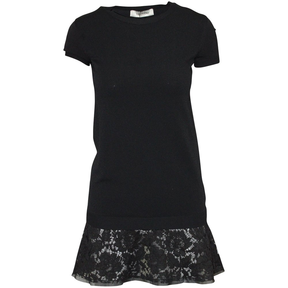 Valentino Fluted Laced Hem T-shirt Dress in Black Cotton 7703691362364