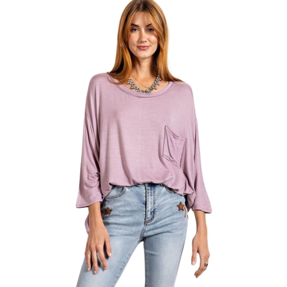 Rounded Neckline 3/4 Sleeves Washed Top 7805686087740