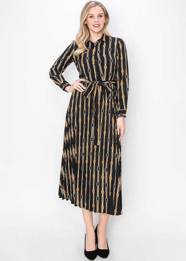 Black & Gold Pleated Dress with Belt 7832914001980