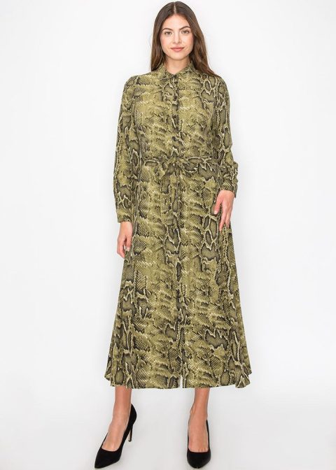 Green Snake-Print Button-Up Dress 7832913641532