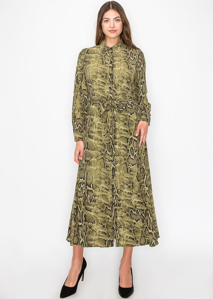 Green Snake-Print Button-Up Dress 7832913641532