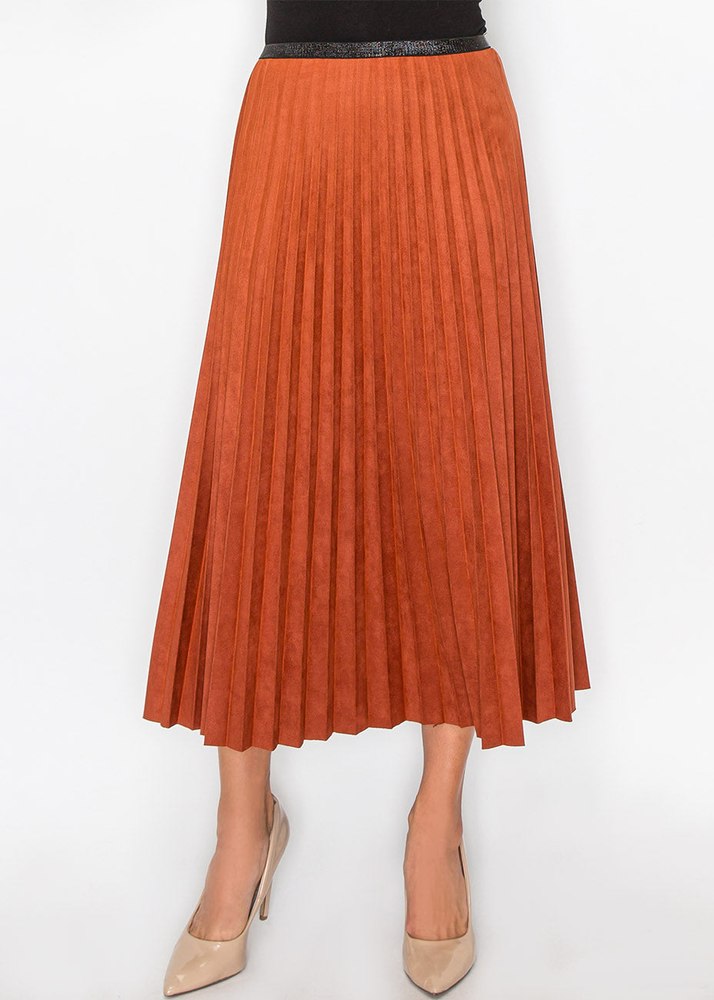 Rust Suede Midi Skirt with Pleats 7832917508156