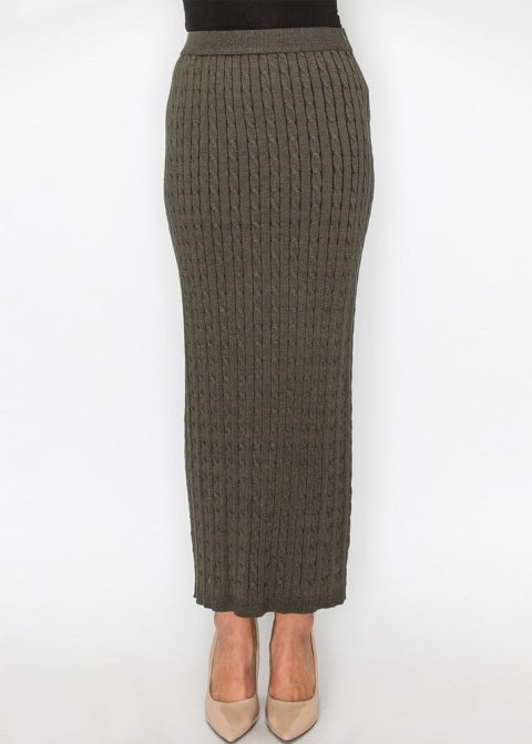 Olive Cable-Knit Long Skirt 7832915804220
