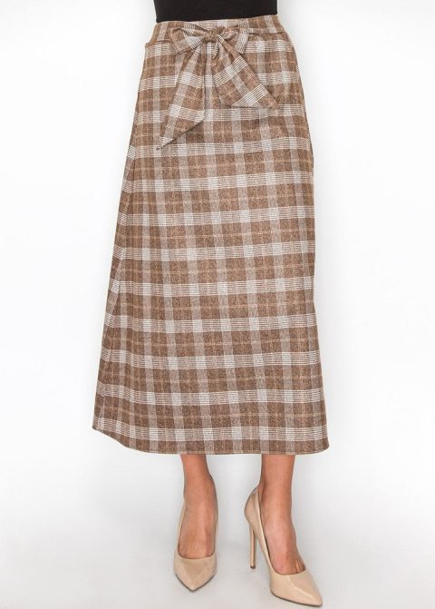 Classic Brown Plaid Skirt with Tie Waist 7832919015484