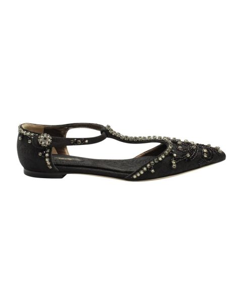 Dolce & Gabbana Crystal Embellished Lace T-strap Sandals in Black Leather 7703692574780
