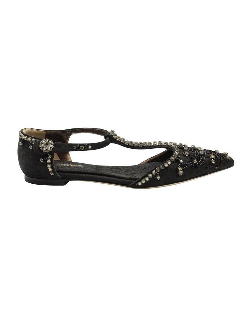 Dolce & Gabbana Crystal Embellished Lace T-strap Sandals in Black Leather 7703692574780