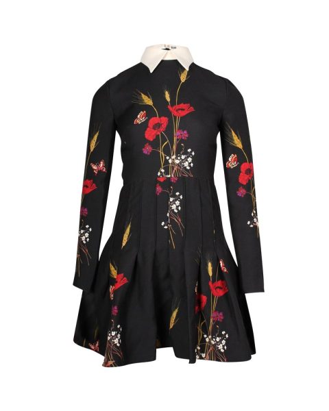 Valentino Garavani Collared Long Sleeve Mini Dress in Floral Print Black Wool 7703693197372