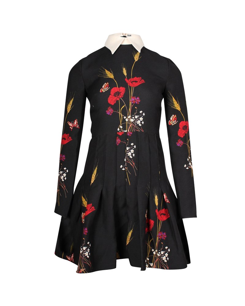 Valentino Garavani Collared Long Sleeve Mini Dress in Floral Print Black Wool 7703693197372
