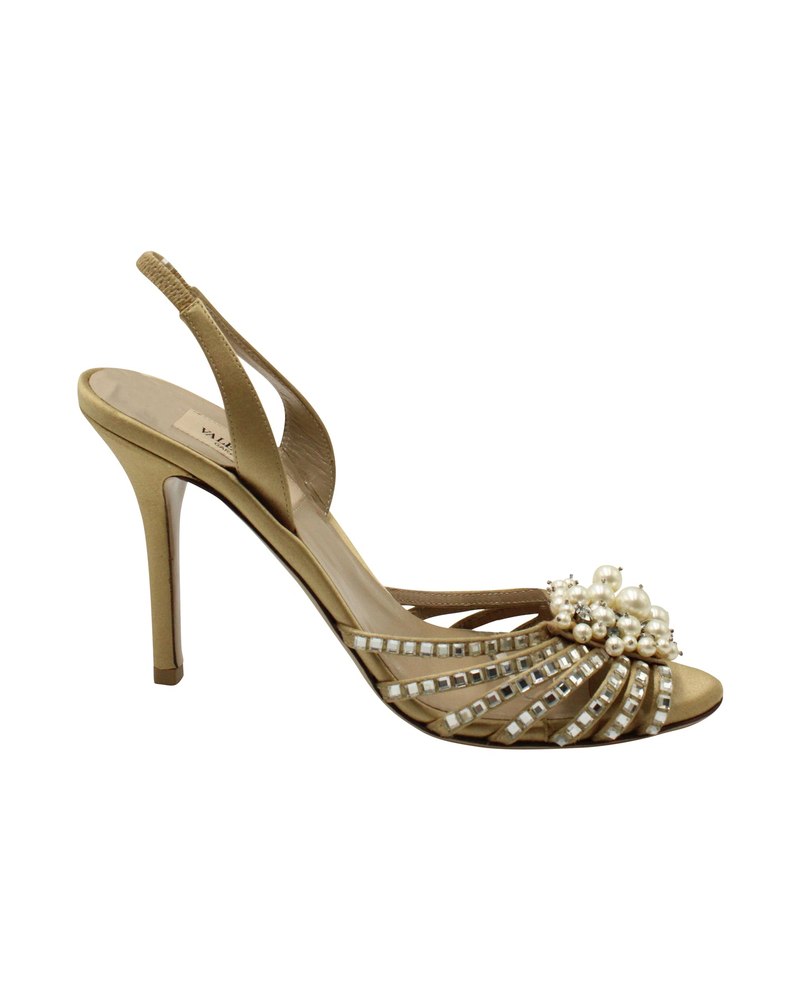 Valentino Pearl Embellished Slingback Heels in Gold Satin 7703692967996