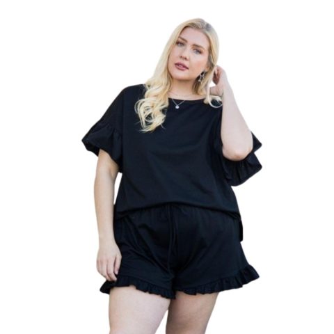 Round Neck Ruffle Sleeve Side Slit French Terry Top 7805686808636