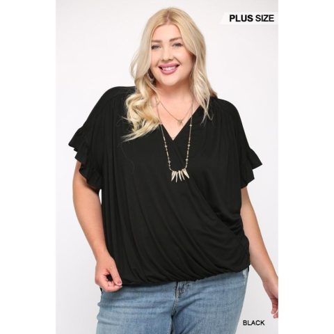 Solid Viscose Knit Surplice Top With Ruffle Sleeve 7805687758908