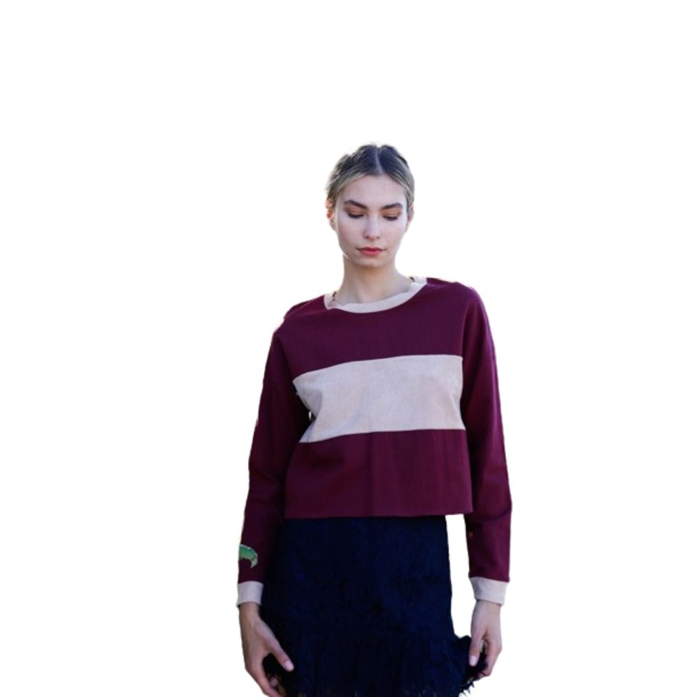 Burgundy Colorblock Long Sleeve Crop Top 7805689987132