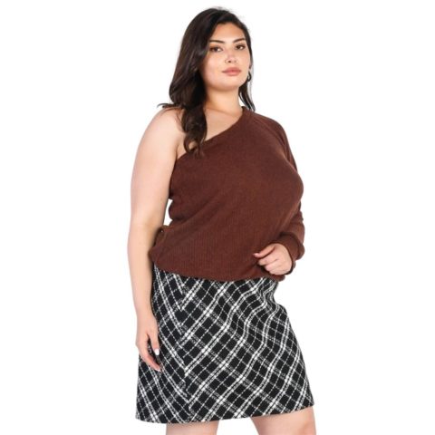 Plus Brown Ribbed Textured One Shoulder Top 7805693067324