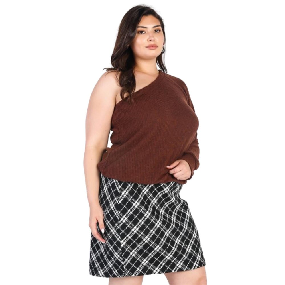 Plus Brown Ribbed Textured One Shoulder Top 7805693067324