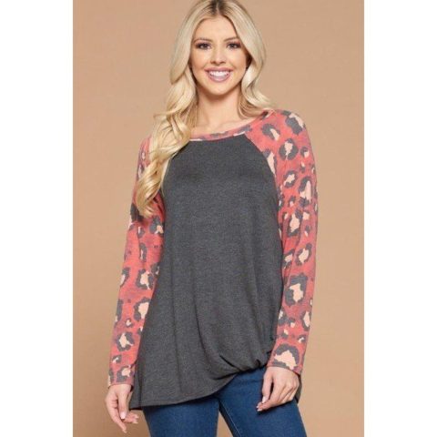 Casual French Terry Side Twist Top With Animal Print Long Sleeves 7805689430076