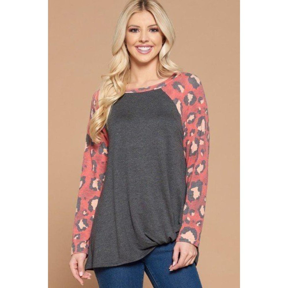 Casual French Terry Side Twist Top With Animal Print Long Sleeves 7805689430076