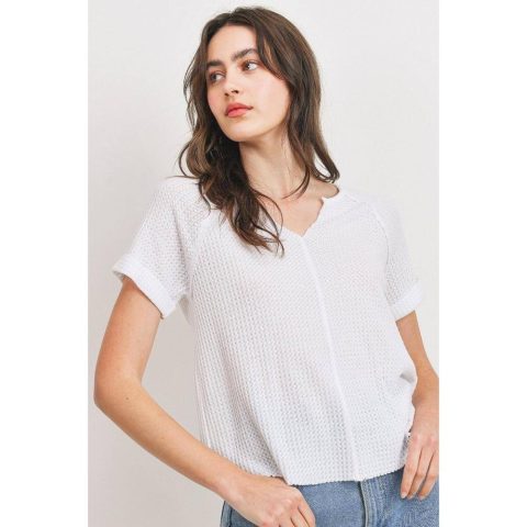 Waffle Raw Edge V-neck Rolled Up Short Sleeves Top 7805692641340