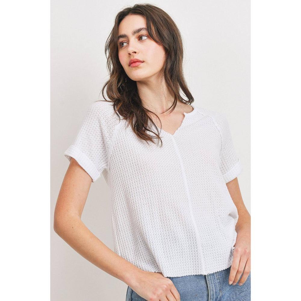 Waffle Raw Edge V-neck Rolled Up Short Sleeves Top 7805692641340