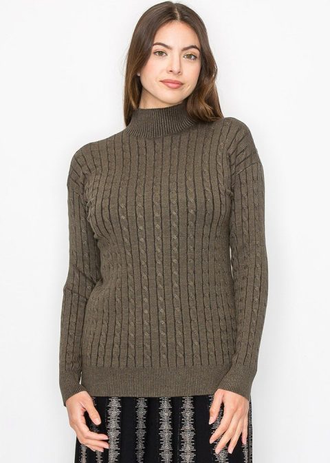 Olive High Neck Cable Sweater 7832921997372