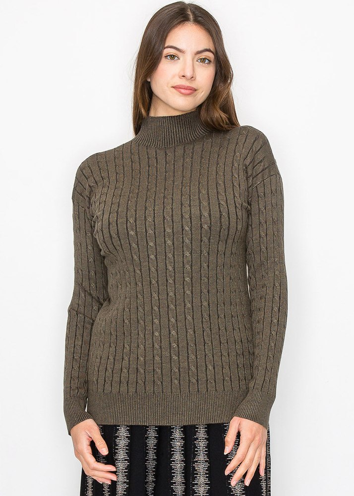 Olive High Neck Cable Sweater 7832921997372