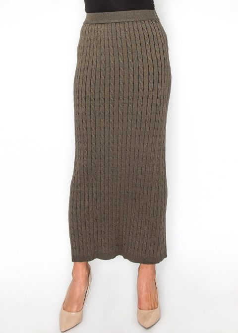 Olive Cable-Knit Maxi Skirt 7832922423356