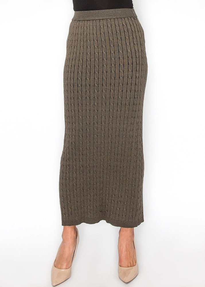 Olive Cable-Knit Maxi Skirt 7832922423356