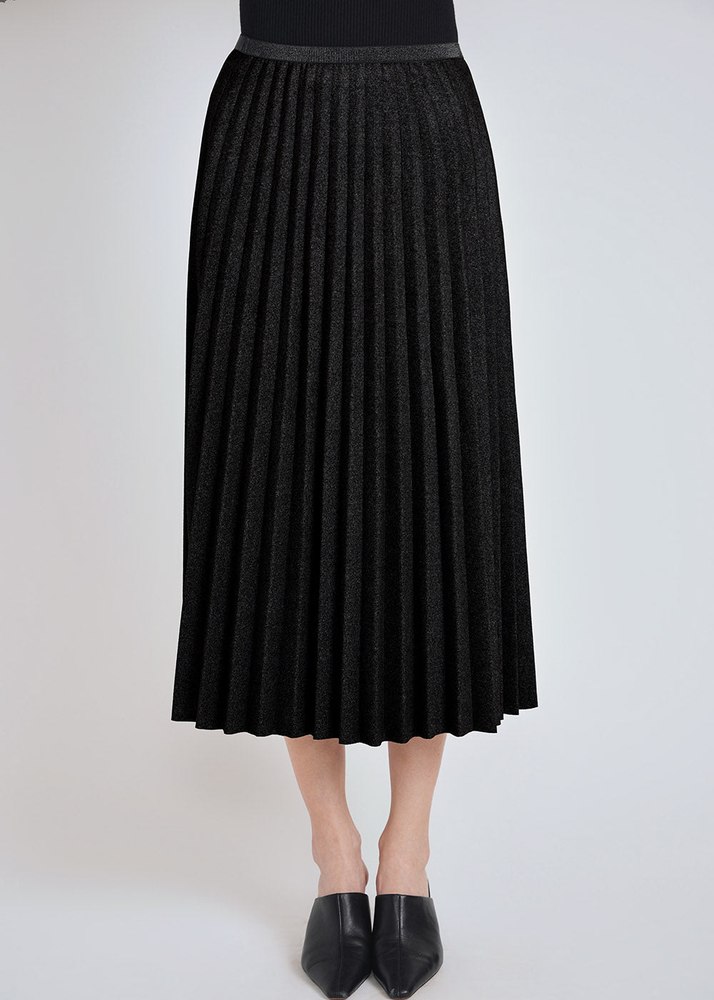 Black Pleated Suede Midi Skirt 7832922521660