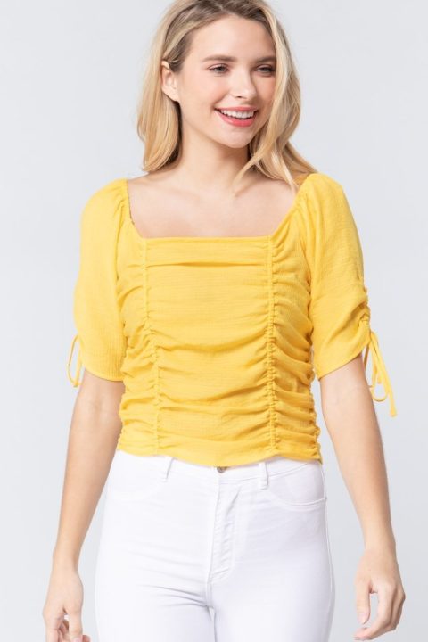 Elbow Slv Smocked Ruched Woven Top 7805697753148