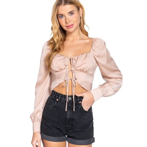 Long Sleeve Sweetheart Neck Front Ribbon Tie Detail Woven Top 7805699817532