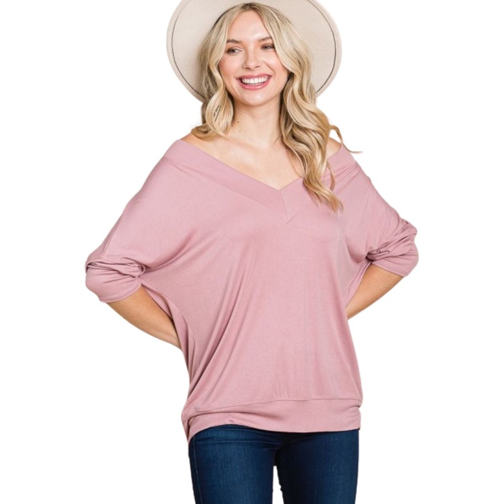 Solid Rib Modal Casual 3/4 Sleeves Dolman Sleeves Top 7805698637884