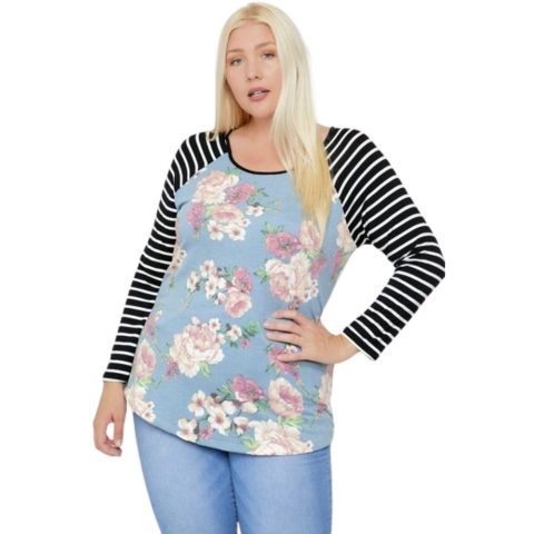 Floral Top Featuring Raglan Style Striped Sleeves And A Round Neck 7805704568892