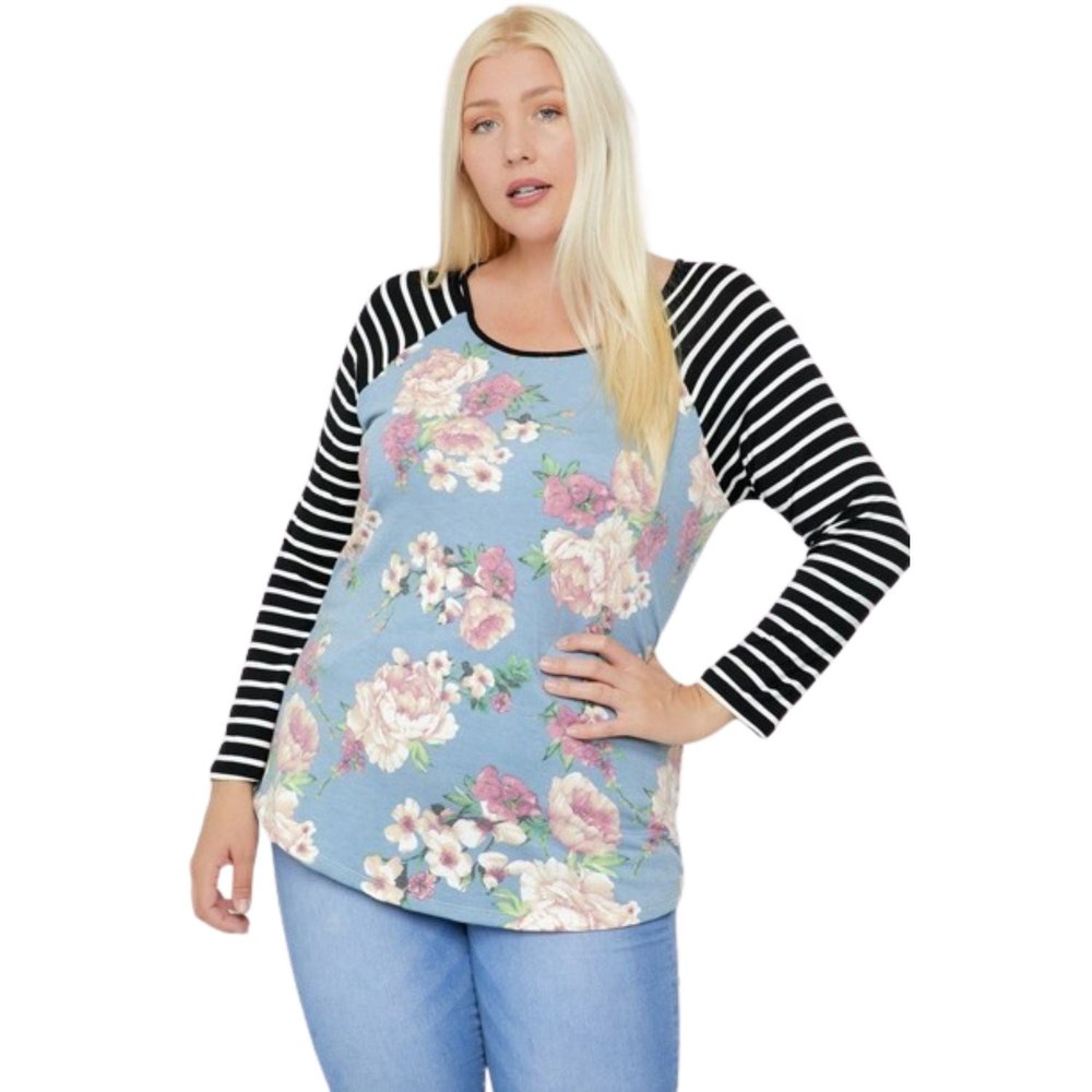 Floral Top Featuring Raglan Style Striped Sleeves And A Round Neck 7805704568892